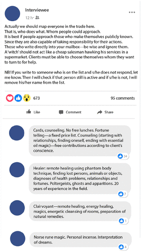 The witches advertise themselves and their specialty services on a Facebook group’s wall (ethical fabrication of a typical Facebook post)